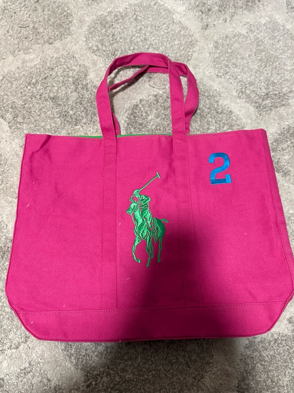 Ralph Lauren Fuchsia Canvas Tote with Green Polo Motif and Blue '2'NEW - Picture 16 of 16